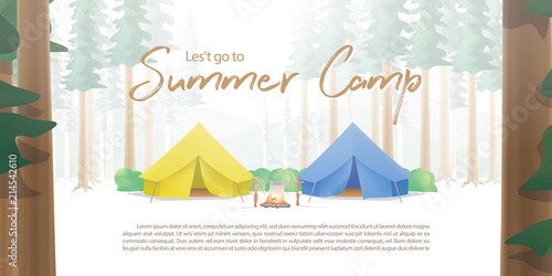 Summer Camp Poster or banner that the yellow & blue camp is middle in the forest with trees on foreground