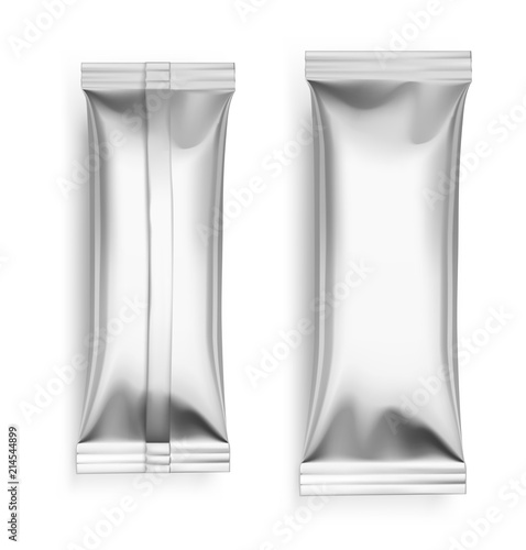 Universal mockups of blank packaging flow pack for food, cosmetic and hygiene. Front and back view. Vector illustration isolated on white background, ready and simple to use for your design. EPS10.