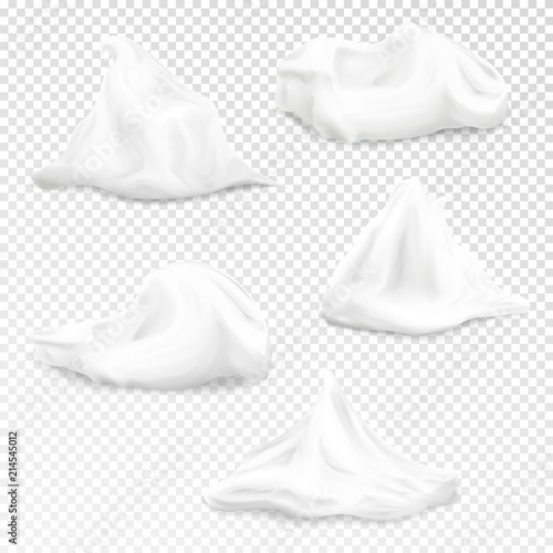 White cream vector illustration of realistic 3D abstract shapes of cosmetic moisturizer, gel or foam and paint smears and strokes with texture isolated on transparent background
