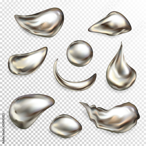 Metal silver droplets vector illustration of realistic 3D liquid quicksilver with pearl texture. Isolated abstract shapes of chrome ball and metallic drops for jewelry design