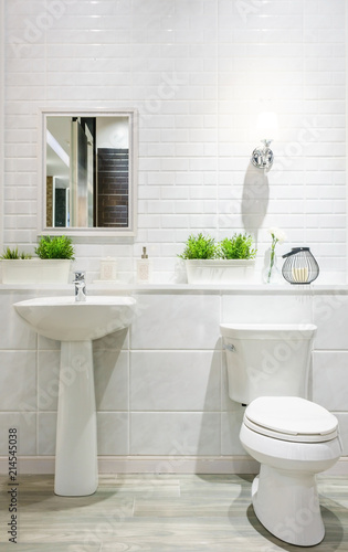 Modern spacious bathroom with bright tiles with toilet and sink. Side view