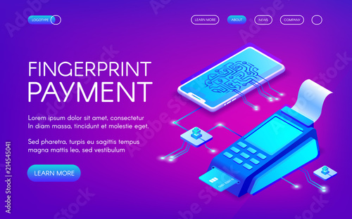 Fingerprint payment vector illustration of secure payment technology with personal authentication. Smartphone and credit card POS terminal for purchase transaction on purple ultraviolet background