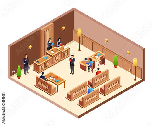 Court hearing cross section vector illustration. Isometric courthouse hall room with modern interior layout, judge at table, prosecutor and jury people with computers