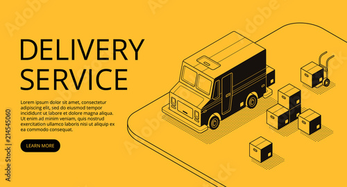Delivery service vector illustration of thin line art in black isometric halftone style. Logistics transport technology of loader truck car and parcel boxes on yellow background