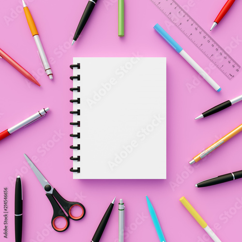 Notebook Mockup with Decorative Pen with Pink Background