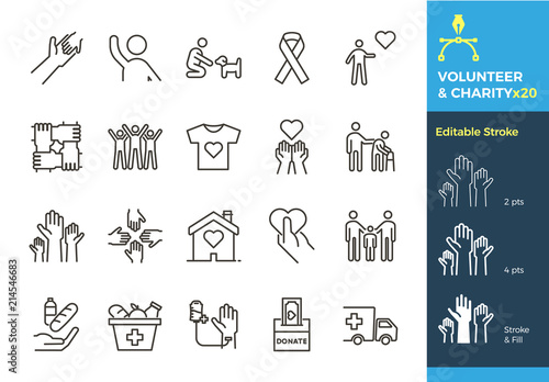 Vector thin line icons related with humanitarian causes - volunteering, adoption, donations, charity, non-profit organizations. The stroke is editable to different sizes and easily changed into flat.