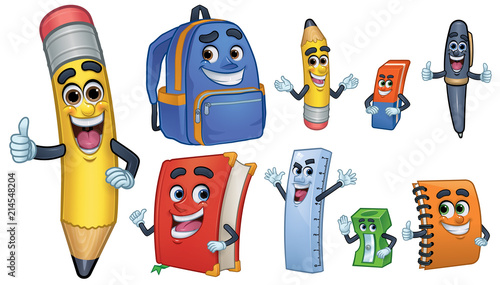 Cartoon Character school Stationery: Pencil, Book, Spiral Notebook, Ballpoint, Sharpener, Ruler, Eraser, School Bag_Vector Illustration EPS 10