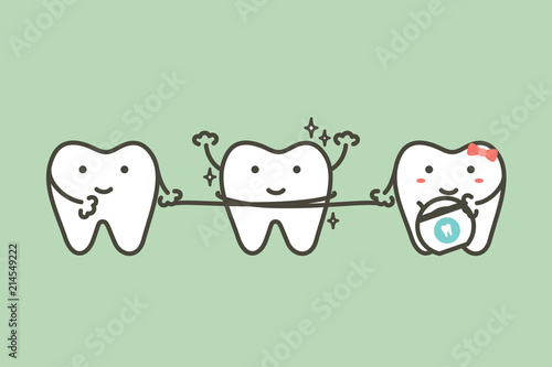 healthy teeth cleaning his friend by dental floss - tooth cartoon vector flat style