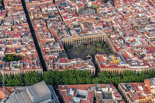 La Rambla street in Old Town Barcelona, aerial view, Spain