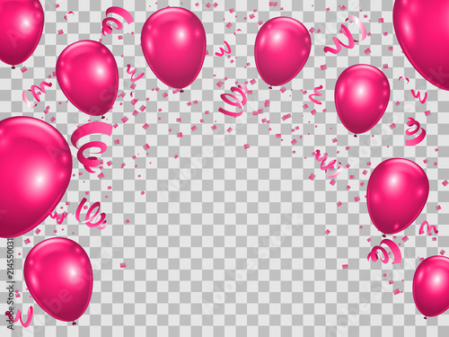 Celebration background wiht pink balloons and ribbons. Vector illustration.