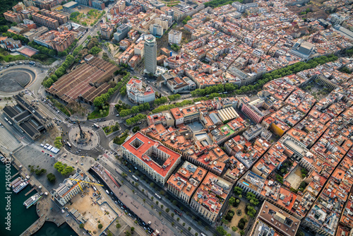 Aerial view of Barcelona Old Town and famous La Rambla boardwalk, Spain