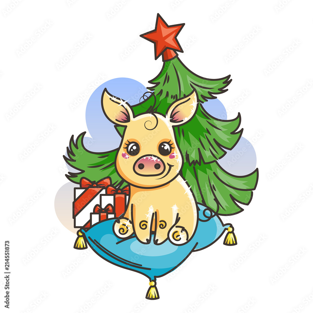 Happy New 2019 Year card with cartoon golden baby pig. Small symbol of holiday. Happy New 2019 Year card with cartoon golden baby pig. Small symbol of holiday.