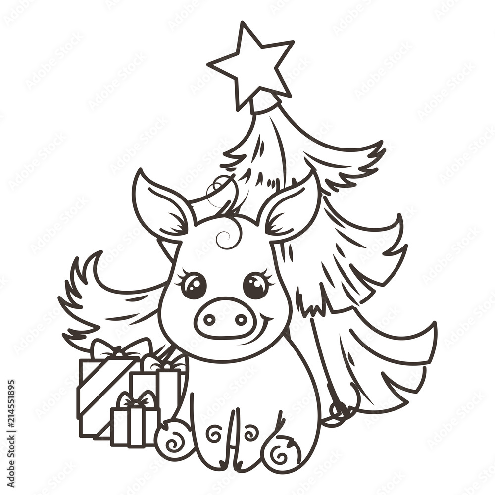 Happy New 2019 Year card with cartoon baby pig. Small symbol of holiday. Happy New 2019 Year card with cartoon baby pig. Small symbol of holiday.