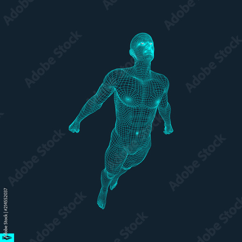Silhouette of a Jumping Man. 3D Model of Man. Geometric Design. Polygonal Covering Skin. Human Body Wire Model. Vector Illustration.