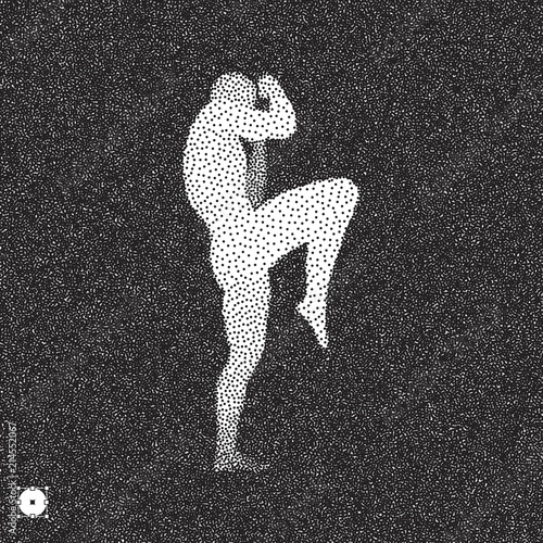 Fighter. Sports concept. 3D model of man. Black and white grainy dotwork design. Stippled vector illustration.