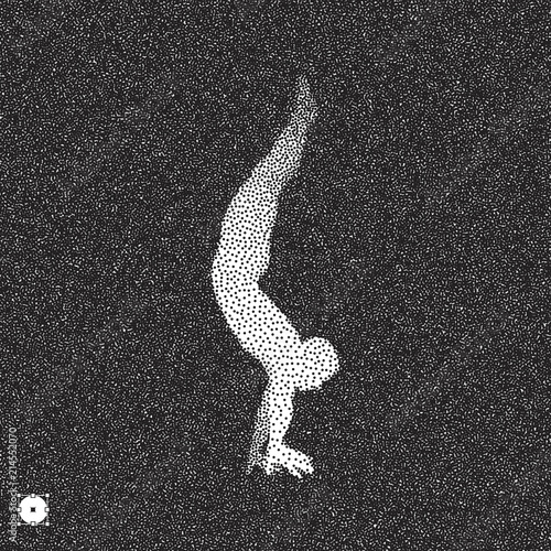 Gymnast. 3D Human Body Model. Black and white grainy dotwork design. Stippled vector illustration.