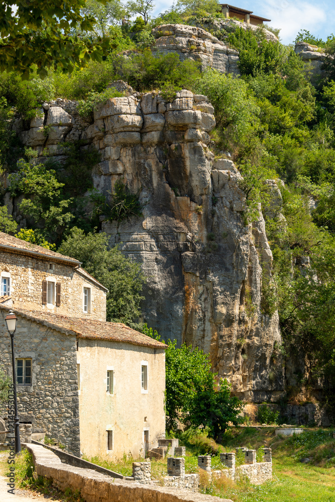 Houses of the small medieval village Labeaume, built on the rocky gorges of the Ardeche in France