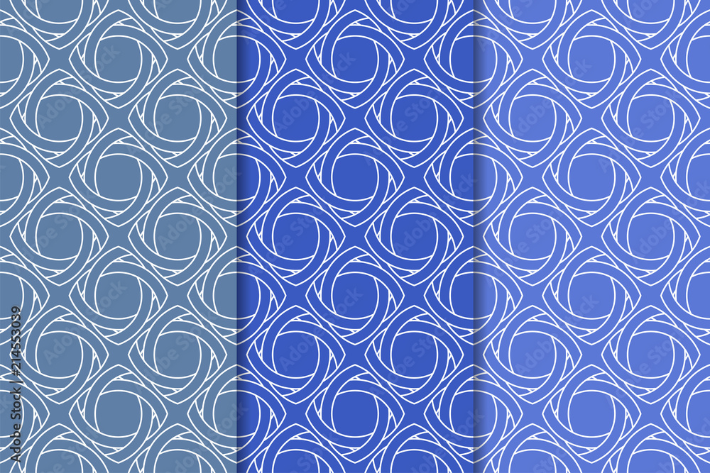 Fototapeta premium Blue geometric ornaments. Set of seamless patterns