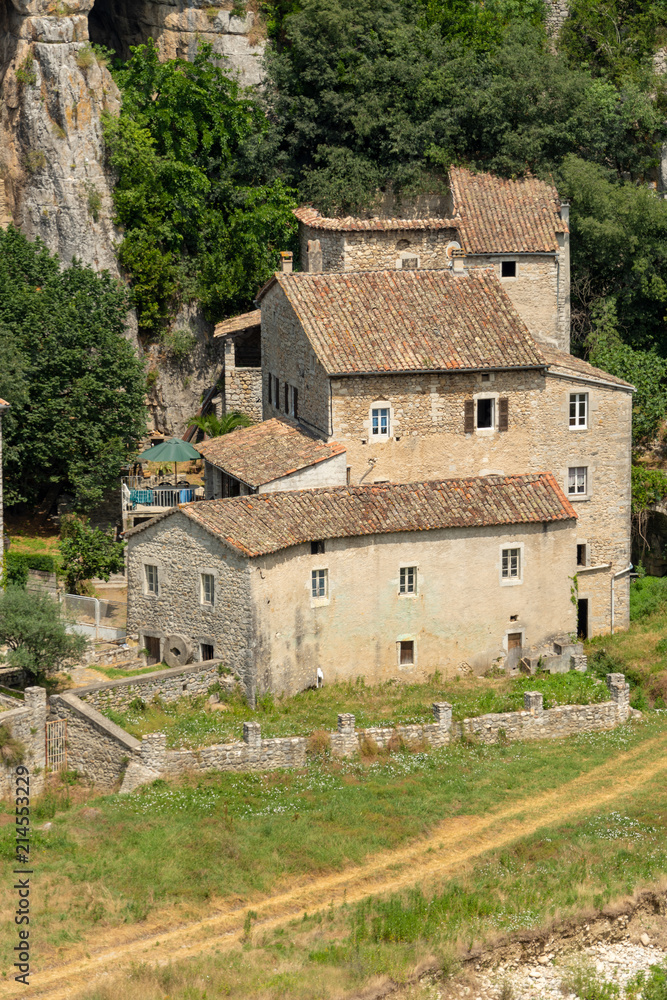 Old stone houses of the small French village Labeaume on the river Ardeche