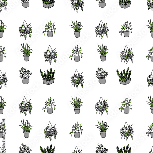 Houseplants in flowerpots seamless pattern