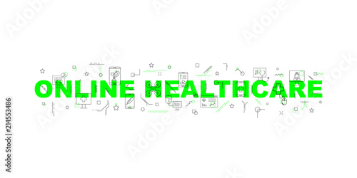 Online healthcare and medicine vector banner. Word with line icon. Vector background