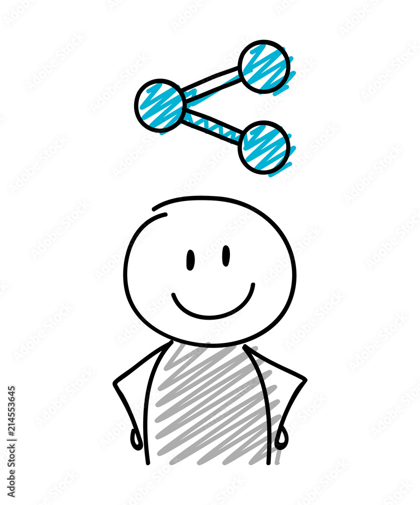Stickman with smiley facial expression holiding share (social media) icon. Vector. Stickman with smiley facial expression holiding share (social media) icon. Vector.