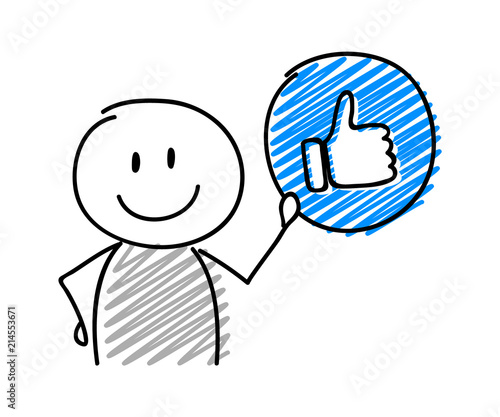 Stickman with smiley facial expression holiding thumb (social media) icon. Vector.