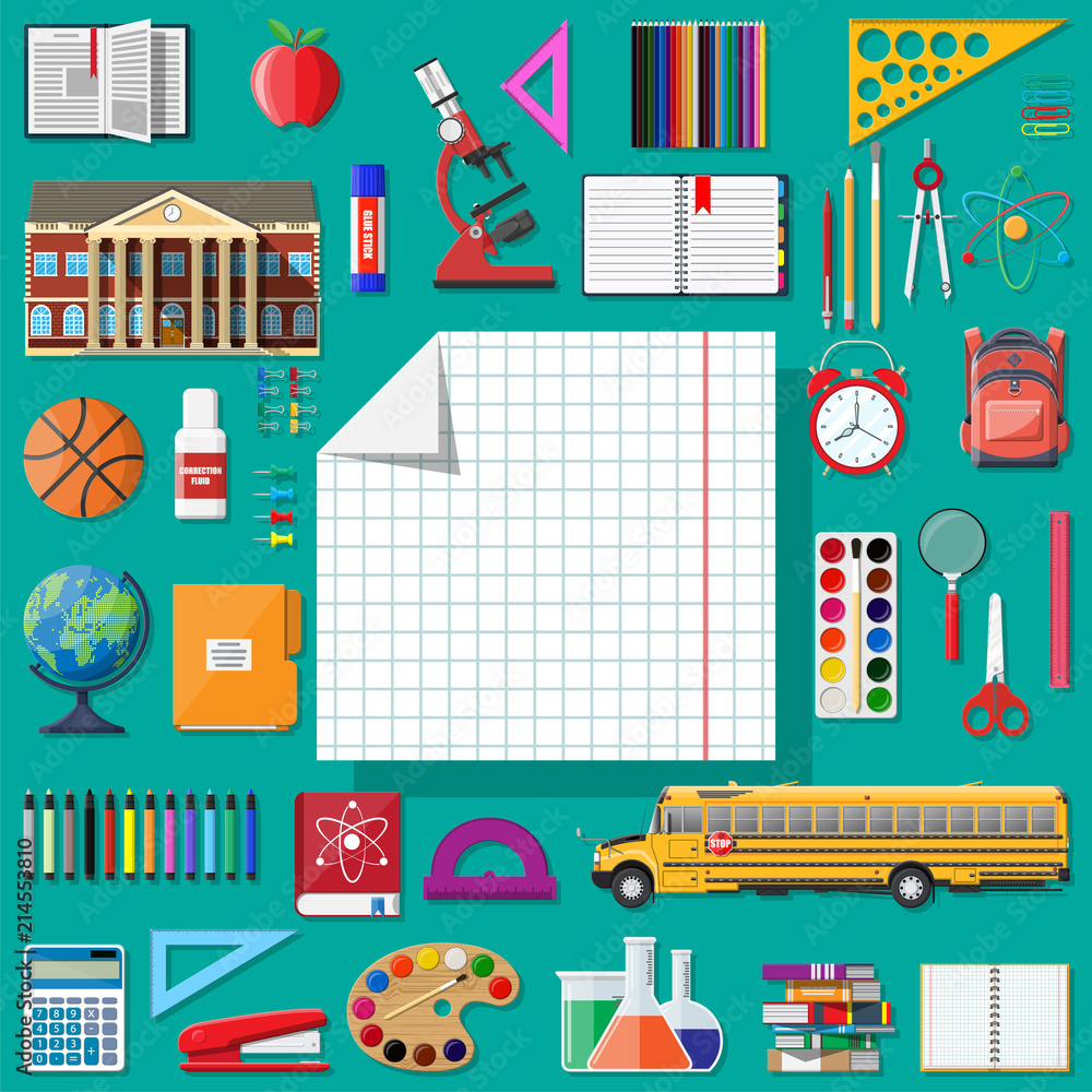 Big school set. School supplies, stationery
