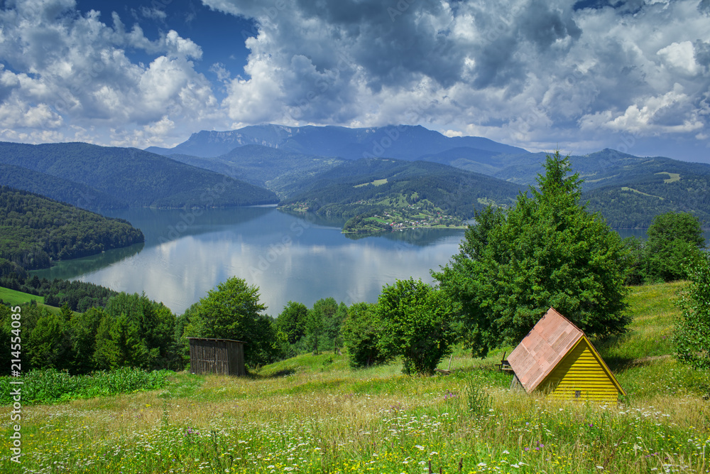 beautiful Bicaz lake and countryside landscape, Romania.