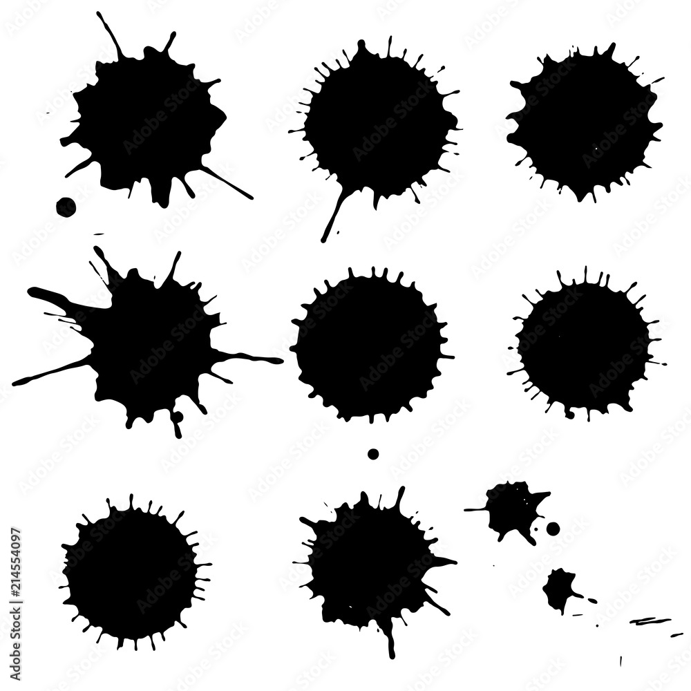 Black ink paint spots. Drops texture isolated on white background. Set for grunge splash textures. Vector illustration. Black ink paint spots. Drops texture isolated on white background. Set for grunge splash textures. Vector illustration.