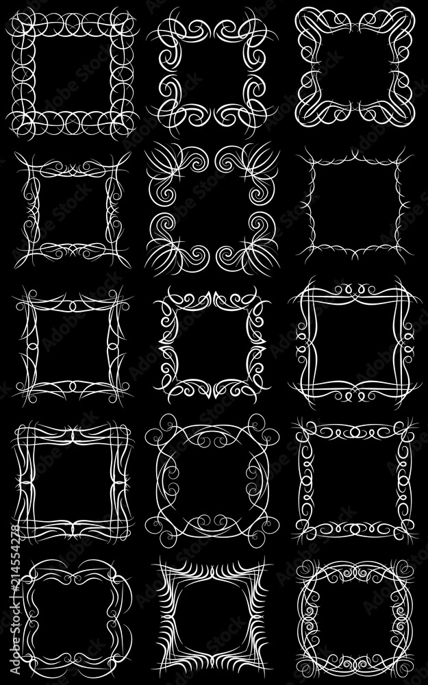 Fototapeta premium Set of fifteen square white monogram elements on a black background. Vector illustration.