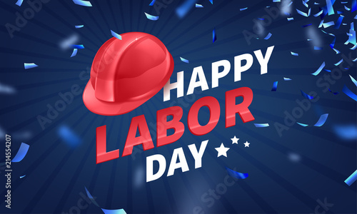 Stock vector illustration Happy Labor Day text banner, american patriotic square isolated on blue background. USA National American holiday Template for placard, banner, flyer presentation report