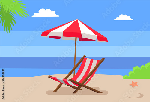 Seaside and Hammock-Chair Under Umbrella Palm Tree