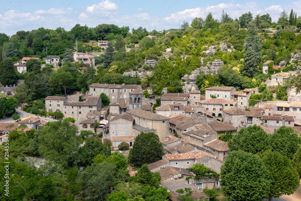 Panoramic view of the beautiful medieval village of Labeaume on the river Ardeche