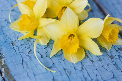 Fototapeta Naklejka Na Ścianę i Meble -  A bouquet of yellow narcissus on the wooden boards