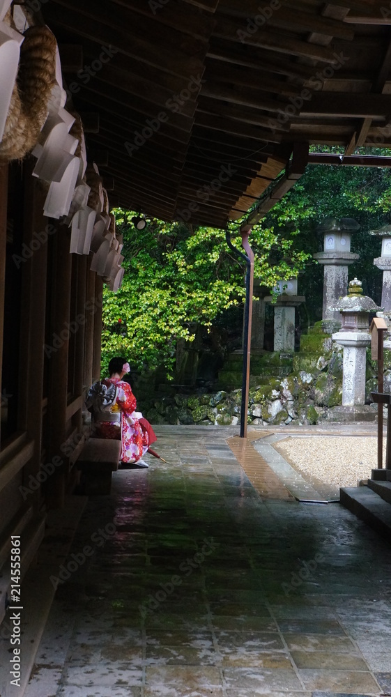 Japanese woman with kimono in the rain