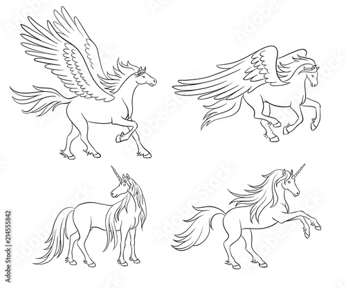 Mythical horses in contours - vector illustration