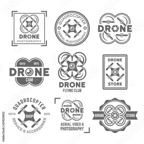 Drone or quadrocopter set of vector black labels
