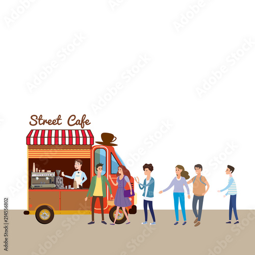 Mobile food Van, Coffe Food Truck vector, barista salesman, characters, men and women stand in line for coffee, and snacks, illustration, Coffee and desserts truck, vector, cartoon style