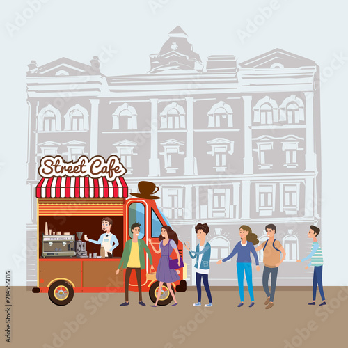 Mobile food Van, Coffe Food Truck vector, barista salesman, characters, men and women stand in line for coffee, and snacks, illustration, Coffee and desserts truck, vector, cartoon style