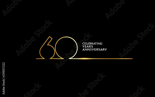 60 Years Anniversary logotype with golden colored font numbers made of one connected line, isolated on black background for company celebration event, birthday