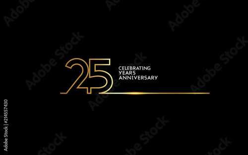 25 Years Anniversary logotype with golden colored font numbers made of one connected line, isolated on black background for company celebration event, birthday