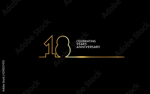 18 Years Anniversary logotype with golden colored font numbers made of one connected line, isolated on black background for company celebration event, birthday