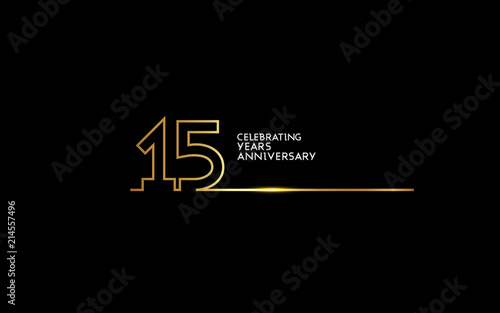 15 Years Anniversary logotype with golden colored font numbers made of one connected line, isolated on black background for company celebration event, birthday