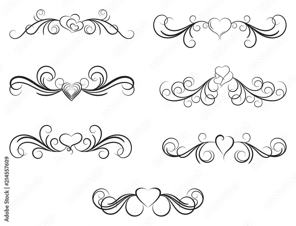 Calligraphic design elements. Simple vector dividers with hearts.