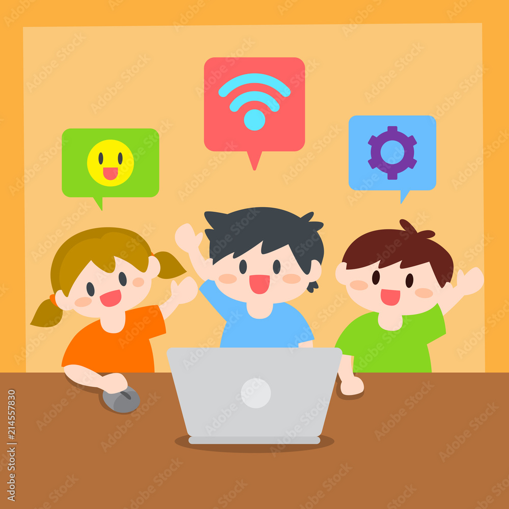 Children, Boy and Girl Learn Computer or Laptop Illustration Children, Boy and Girl Learn Computer or Laptop Illustration