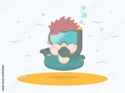 Summer Swimming in Sea or Ocean. The Boy Dives Into the Water with a Mask, Snorkel and Fins.