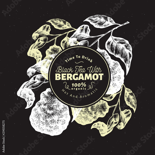 Bergamot branch design template. Kaffir lime frame. Hand drawn vector fruit illustration on chalk board. Engraved style vintage citrus background.