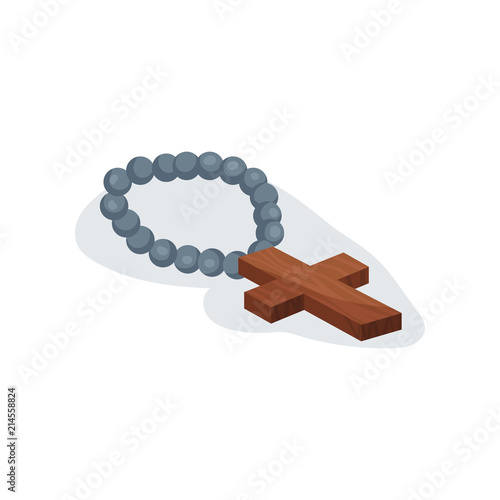 Flat vector icon of holy Christian rosary. Chaplet with brown wooden cross. Religious attribute of Catholic church. Prayer beads