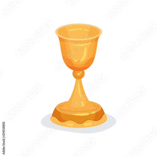 Flat vector icon of golden chalice used in Christian ceremonies. Liturgical vessel for sacramental wine or holy communion. Religious object